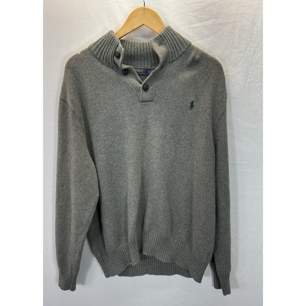Vtg Polo Ralph Lauren Men's Gray 1/4 Button Mock Neck Cotton Sweater Preppy XL